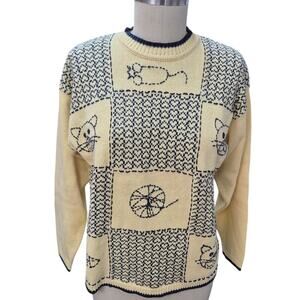 Vtg Cat Lady sweater Christopher & Banks Cotton Yellow Navy Blue Heart/Cats Sz L